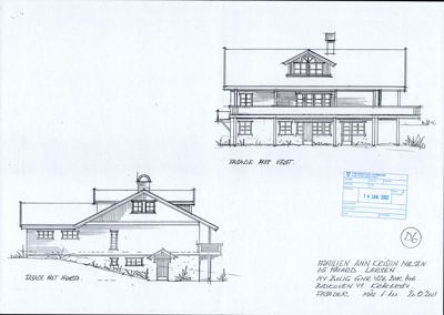 Tegning som viser fasadeopprikk for en bolig, med utsnitt mot vest og mot nord.