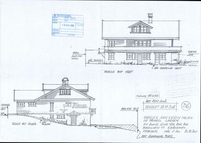 Fasadetegning som viser bygningens utseende fra to vinkler (mot vest og mot nord), inkludert mål, detaljer og tegningsnummer.