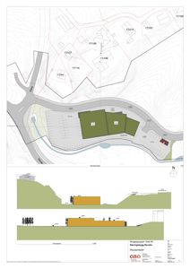 Situasjonsplan som viser tomtens plassering i forhold til nabolag, veier, høydeforhold (konturlinjer) og bygningers plassering.