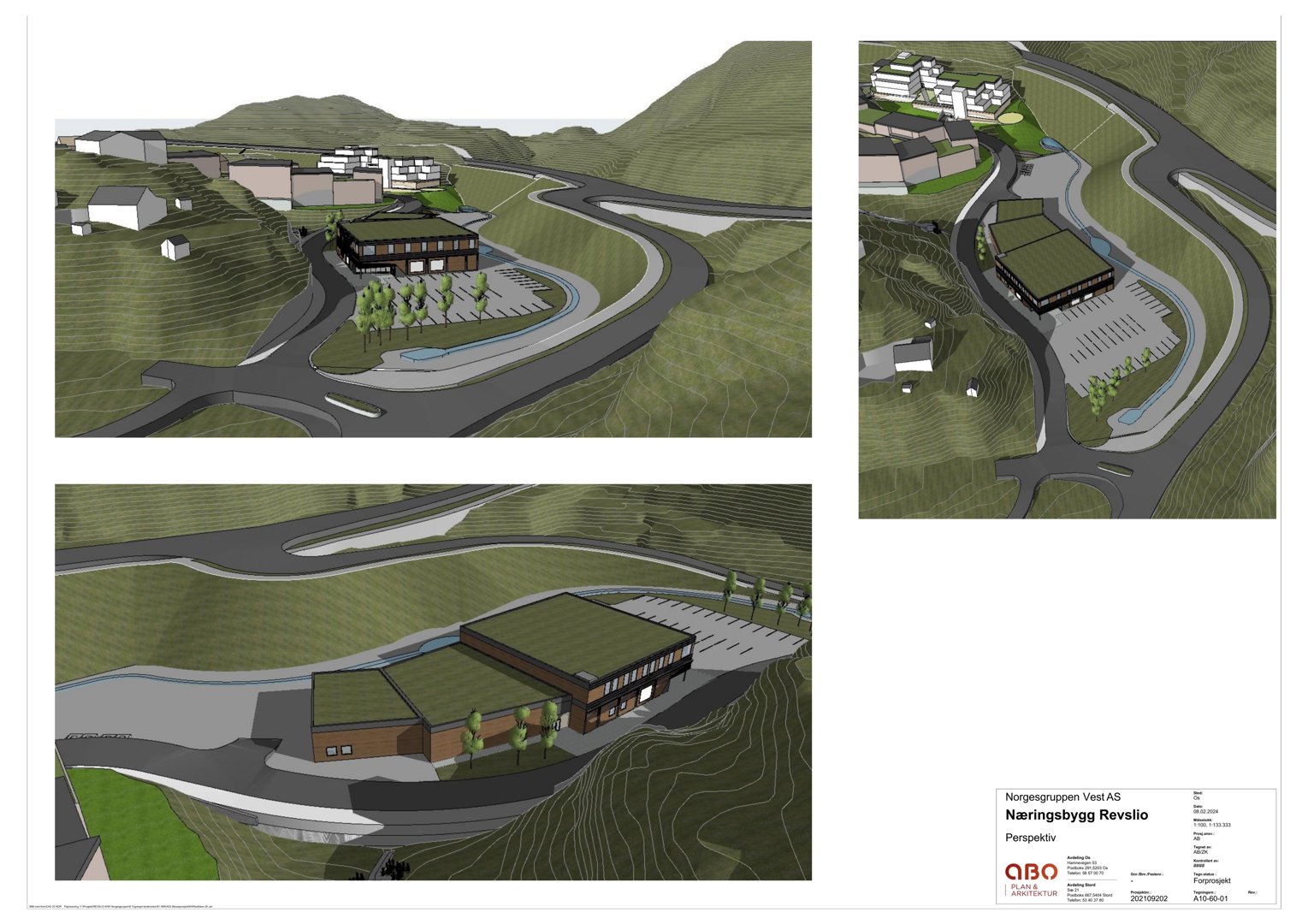 Tre perspektivtegninger (renderinger) som viser et nytt næringsbygg i et landskap med kupert terreng, inkludert veier, parkering og omgivende bebyggelse.