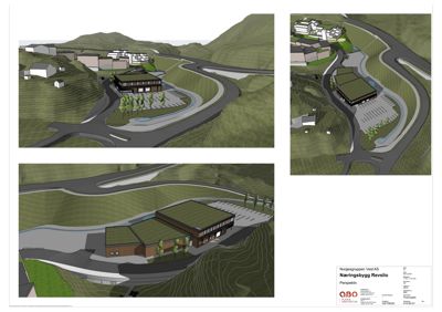 Tre perspektivtegninger (renderinger) som viser et nytt næringsbygg i et landskap med kupert terreng, inkludert veier, parkering og omgivende bebyggelse.