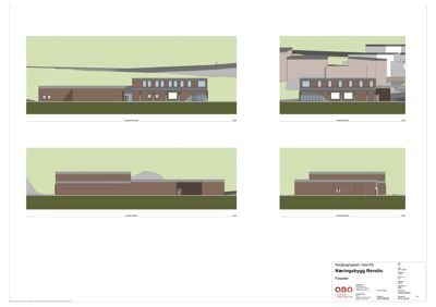 Fasadetegning som viser bygningens utsyn fra fire ulike vinkler (Nord, Sør, Øst, Vest).