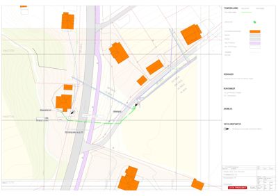 Situasjonsplan som viser tomtens form, naboeiendommer, veier og bygningers plassering i forhold til hverandre.