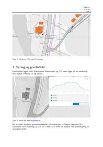 Bildet viser en side fra en rapport som inneholder to kartutsnitt. Det øverste er et situasjonskart (site_plan) som viser eiendommen i forhold til veier og topografi. Det nederste er et terrengprofil (topografi) hentet fra en ekstern kilde (www.hoydedata.no) som viser høydeforholdet langs eiendommen.