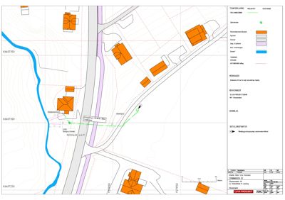 Situasjonsplan som viser tomtens form, bygningers plassering, vegnett, og topografi.