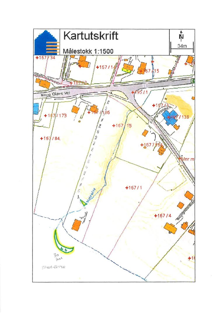 Situasjonsplan (kart) som viser eiendomsgrenser, vegnett, høydemålinger og nabolag.