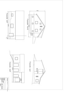 Fasadetegning som viser bygningens utseende fra alle fire sider (nord, syd, øst og vest) med mål og detaljer.