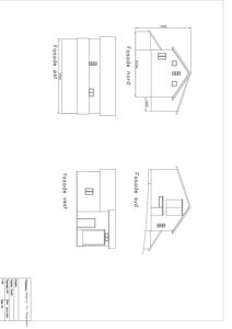 Fasadetegning som viser oppriss av bygningens fire sider (nord, syd, øst, vest) med mål og vindusoppsett.
