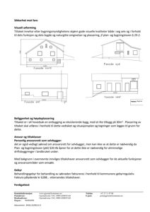 Fasadetegning som viser bygningens utseende fra fire ulike vinkler (nord, syd, øst, vest) med mål og detaljer.