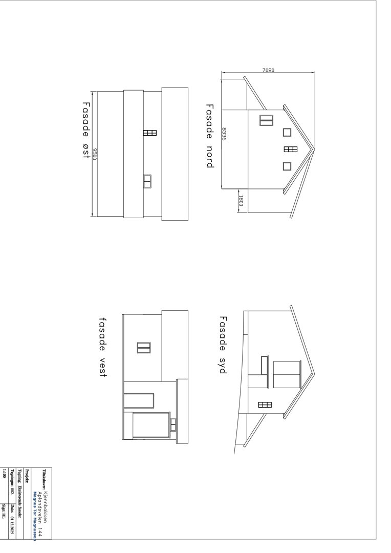 Fasadetegning som viser oppriss av bygningen sett fra fire sider (nord, syd, vest og øst) med mål og vindusoppsett.