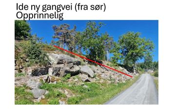 Fotografi av et utendørs landskap med en vei, en steinete skråning og tre. En rød linje er tegnet over bildet for å markere en planlagt gangvei.
