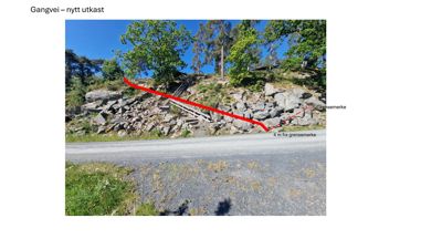 Fotografi av et utkast for en gangvei med overlagte merkelinjer og tekst.