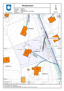 Situasjonskart som viser eiendomsgrenser, naboeiendommer, vegforhold og topografi for eiendommen 339/64/11 i Engersvik 10.
