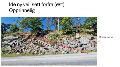 Fotografi av et terreng med stein, trapper og en vei, med en rød linje som markerer en grense.