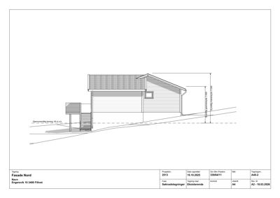 Fasadetegning av en bygning sett fra nord, med mål og konstruksjonsdetaljer.