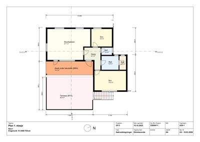 Etasjeplan (Plan 1. etasje) som viser romfordeling, mål og areal for en bolig.
