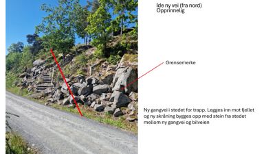 Fotografi av en vei med en steinmur og trapper på en skråning, med merker og tekster som forklarer planlagte endringer.