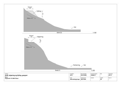 Snittegning som viser terrengform, fylling, skjøring og veiplassering.