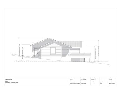 Fasadetegning av en bolig sett fra sør, med mål og opplysninger om prosjektet.