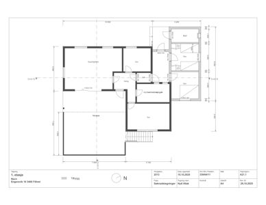 Etasjeplan for 1. etasje som viser romfordeling (soverom, stue, kjøkken, bad) og mål.