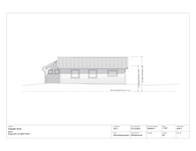 Fasadetegning av en eksisterende bygning sett fra vest, med mål og detaljer.