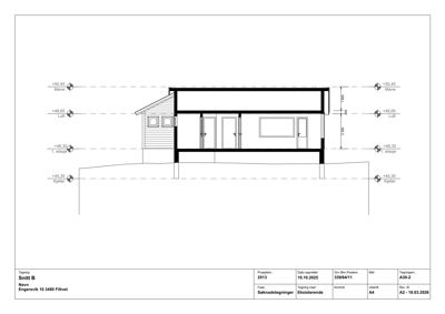 Snittegning (Snitt B) som viser tverrsnittet av en bygning med høydeangivelser og romfordeling.