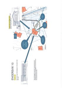 Situasjonsplan som viser tomt, nabohus, veier og byggefelt med merknader om fasader og innganger.