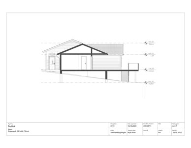 Snittegning (Snitt A) som viser tverrsnittet av en bygning med høydeangivelser for ulike etasjer.