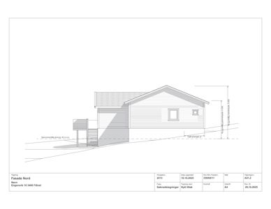 Fasadetegning av en bolig sett fra nord, med mål og notasjoner.