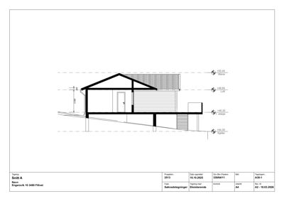 Snittegning av en eksisterende bygning som viser høydeforskjeller og romfordeling.