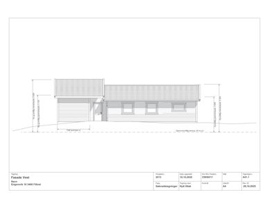 Fasadetegning som viser bygningens utseende sett fra fronten, med høydeangivelser og grunnlinjer.