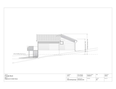 Fasadetegning av en bygning sett fra nord, med mål og notasjoner.