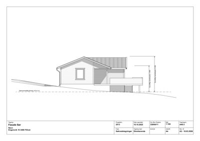 Fasadetegning av en hytte med mål og opplysninger om tegning.