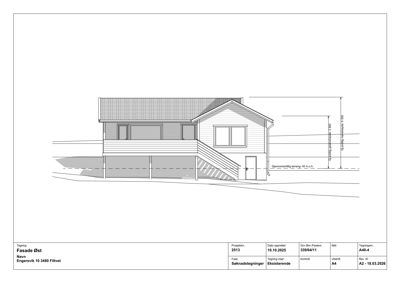 Fasadetegning av en bolig sett fra øst, med mål og tegningsinformasjon.