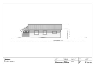 Fasadetegning som viser bygningens utseende sett fra siden, inkludert takform, vinduer og høydemål.