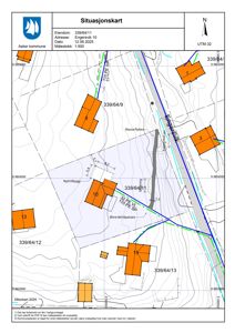 Situasjonskart som viser eiendomsgrenser, naboeiendommer, vegnett og topografi for et område i Engersvik.