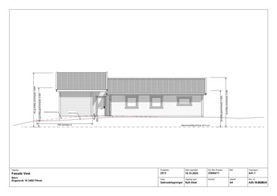 Fasadetegning av en bolig med mål og detaljer