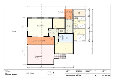 Etasjeplan for 1. etasje som viser romfordeling, mål og areal.