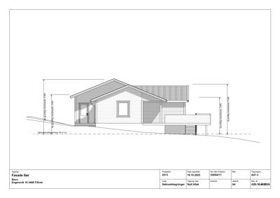 Fasadetegning som viser bygningens utseende sett fra siden, med mål og høydeangivelser.