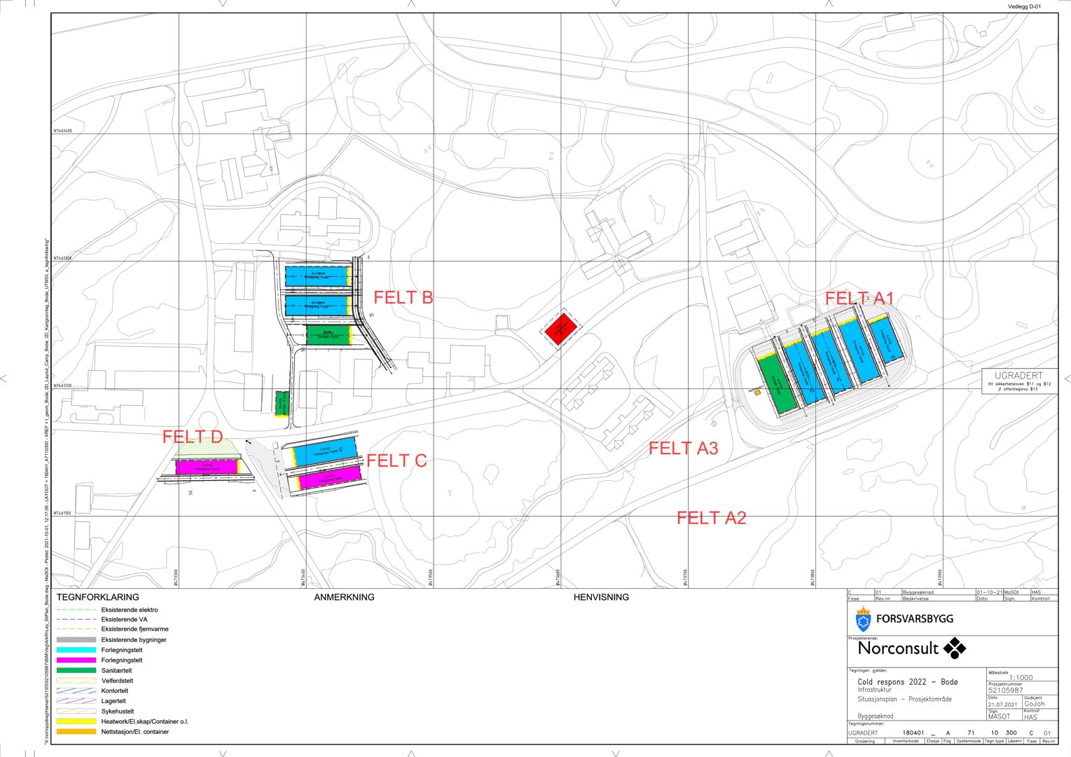 Situasjonsplan som viser tomtens beliggenhet, eksisterende og planlagt bebyggelse, samt feltinndeling (Felt A1, A2, A3, B, C, D).