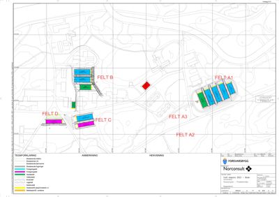 Situasjonsplan som viser tomtens beliggenhet, eksisterende og planlagt bebyggelse, samt feltinndeling (Felt A1, A2, A3, B, C, D).