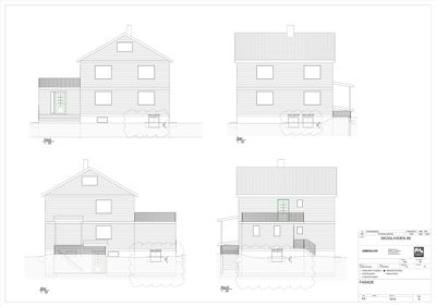 Fasadetegning som viser bygningens utsyn fra fire ulike sider (Vest, Øst, Sør, Nord) med detaljer om vinduer, dører og takform.