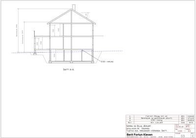 Snittegning (SNITT A-A) som viser bygningens tverrsnitt med mål på høyder og konstruksjonsdetaljer.