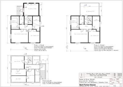 Etasjeplaner (PLAN 1, PLAN 2, PLAN KJELLER) som viser romfordeling og mål for en bolig.