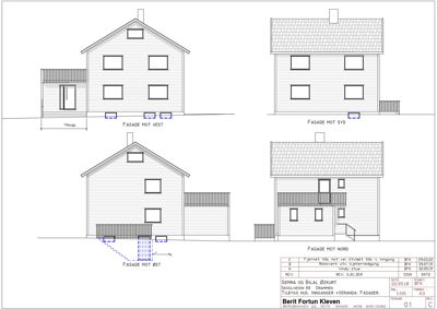 Fasadetegning som viser bygningens utseende fra fire sider (vest, syd, nord og øst) med detaljer om vinduer, dører, takform og terrasser.