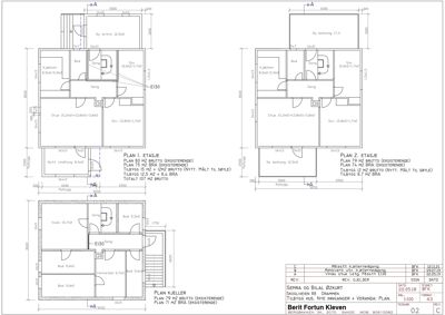 Plantegning som viser romfordeling og mål for etasjene i en bolig (kryss A-A), inkludert plan I, II og kjeller.