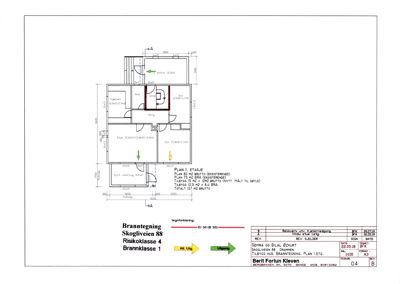 Etasjeplan (Plan 1) med romfordeling, mål og brannvegner for en bygning.