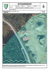 Situasjonskart (tomtekart) som viser eiendomsgranser, høydemålerlinjer, eksisterende bygninger (kontorsbygg) og infrastruktur (veier, slurrytanker) i området.