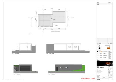 Fasadetegning som viser oppriss av en garasje sett fra nord og vest, inkludert dimensjoner og detaljer.