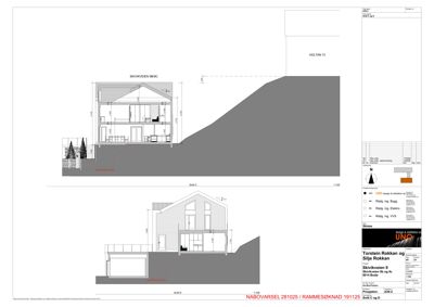 Fasadetegning (opprikk) av en bolig sett fra front og side, med høydemål og detaljer om fasadebehandling.